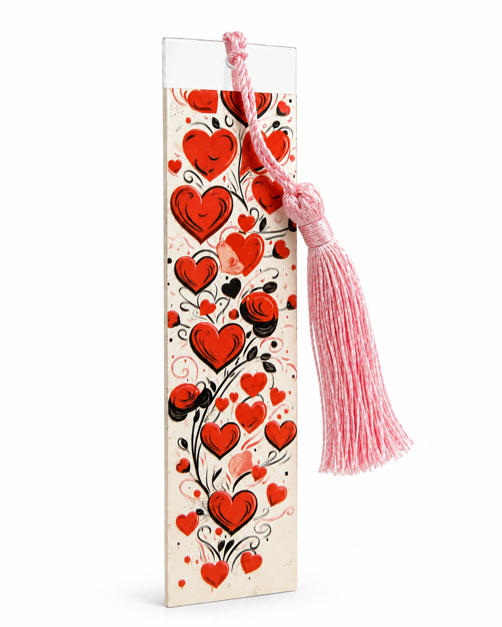 Marque-page avec pompon rose – Motif cœurs