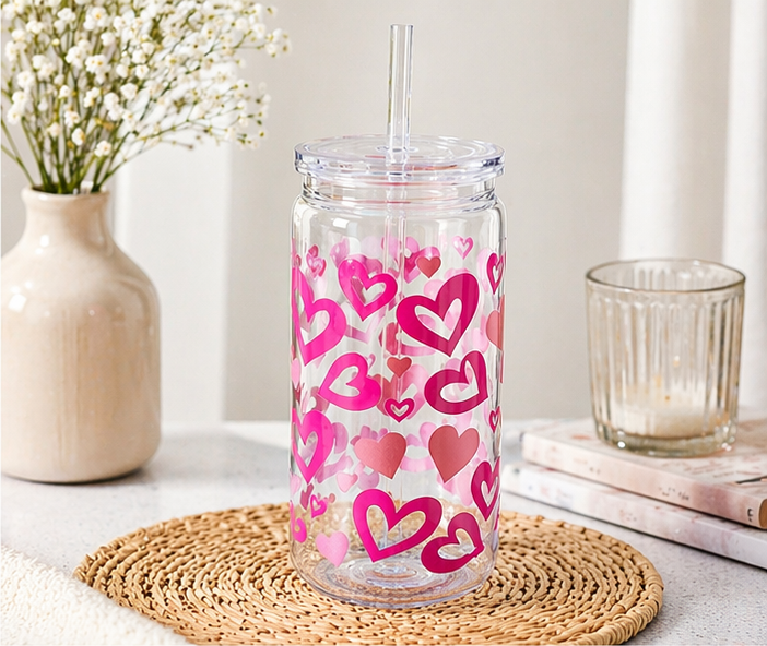 Gobelet cœur 2 avec couvercle transparent & paille