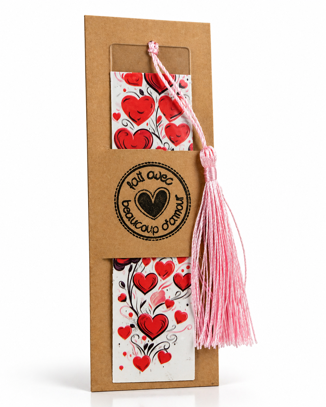 Marque-page avec pompon rose – Motif cœurs