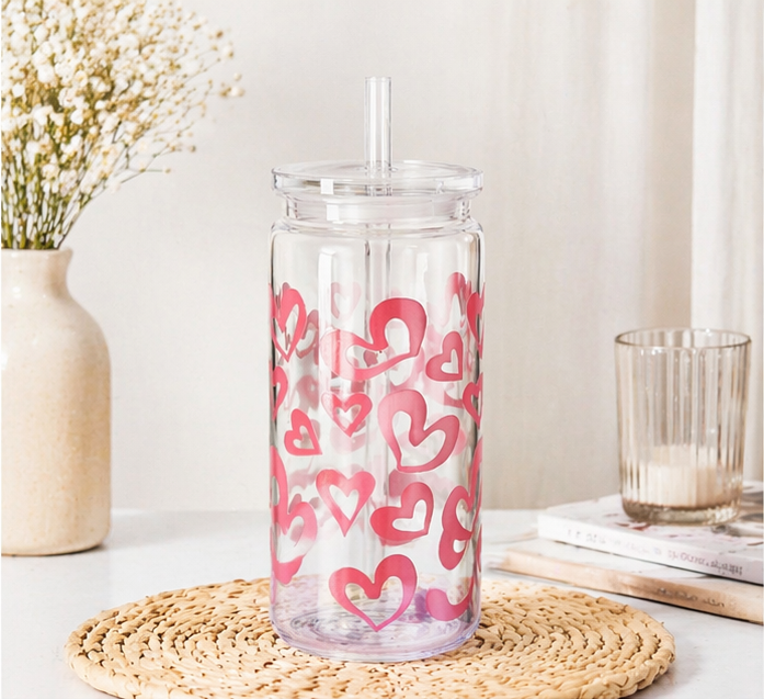 Gobelet cœur 3 avec couvercle transparent & paille