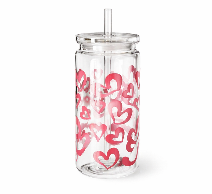 Gobelet cœur 3 avec couvercle transparent & paille