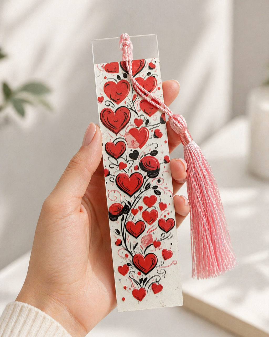 Marque-page avec pompon rose – Motif cœurs