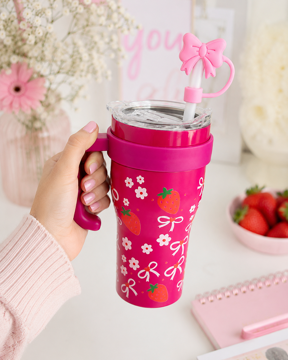 Gourde Tumbler Isotherme – Rose Fraises & Fleurs
