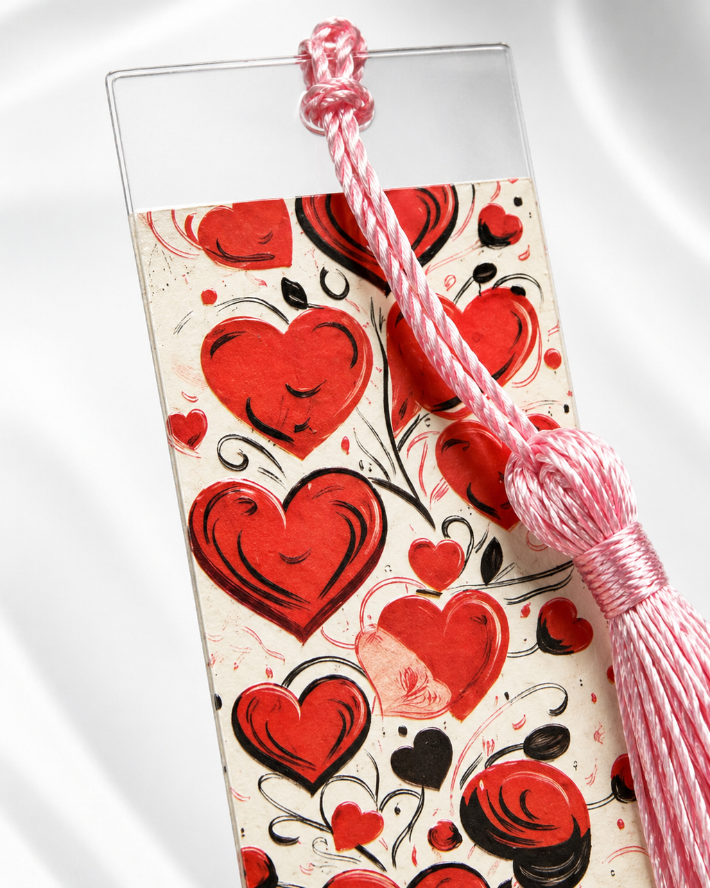 Marque-page avec pompon rose – Motif cœurs