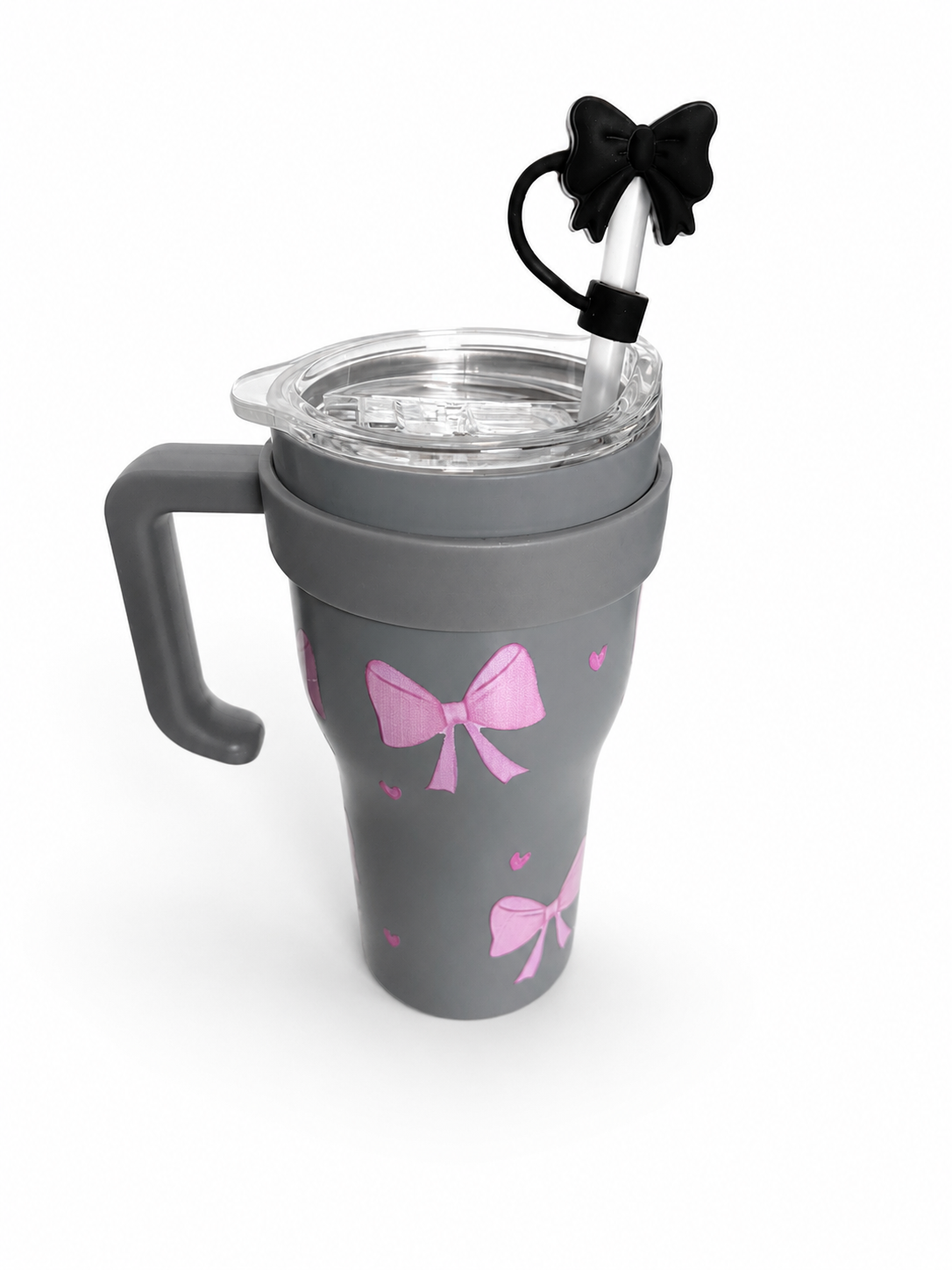 Gourde Tumbler Isotherme Grise à Nœuds Roses