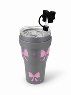 Gourde Tumbler Isotherme Grise à Nœuds Roses