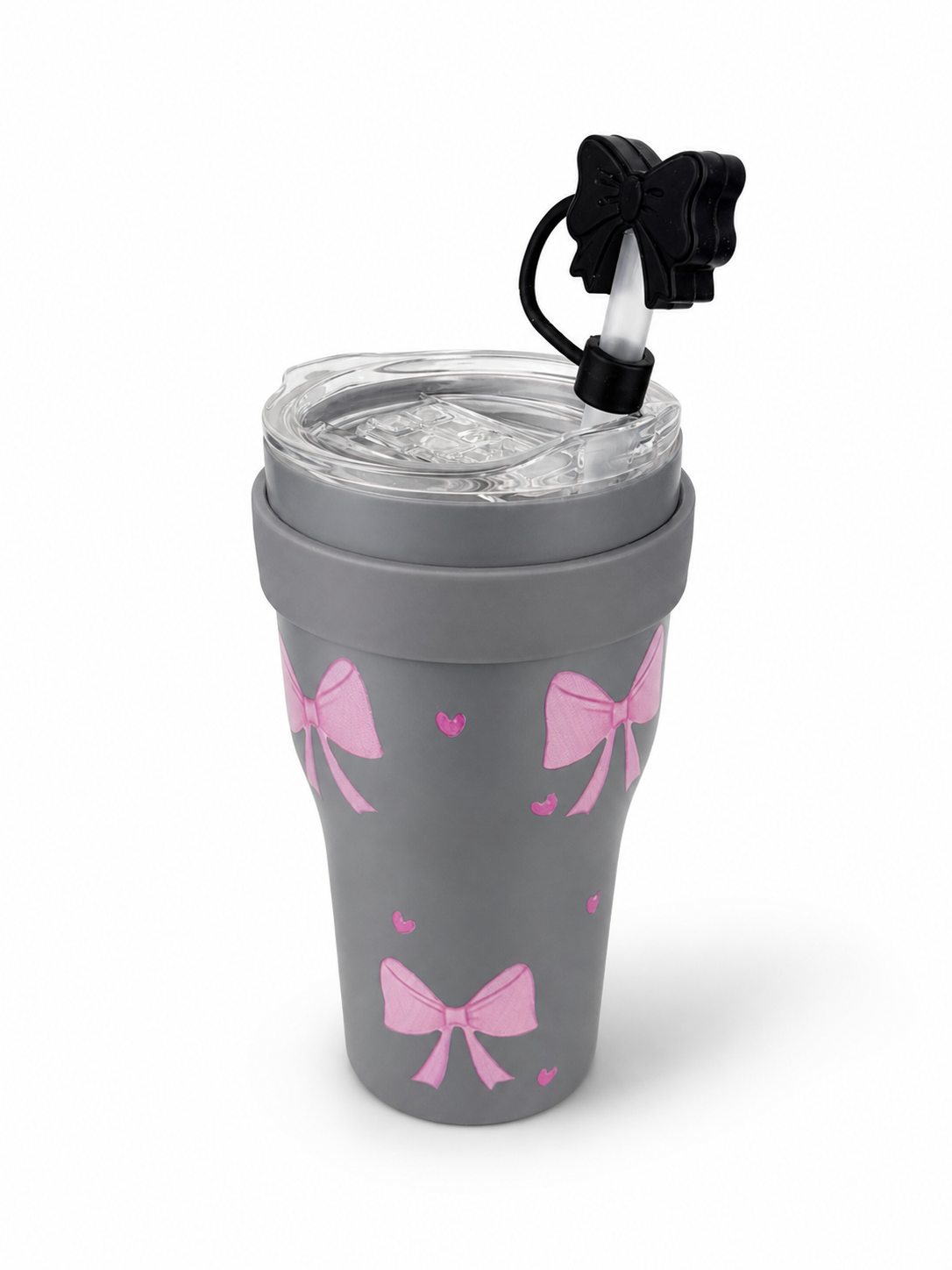 Gourde Tumbler Isotherme Grise à Nœuds Roses