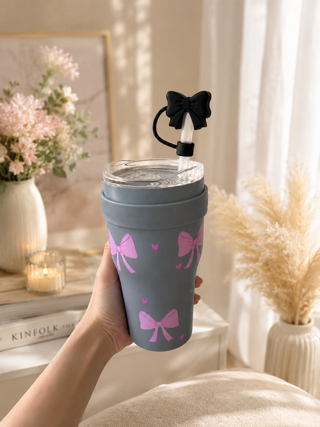 Gourde Tumbler Isotherme Grise à Nœuds Roses