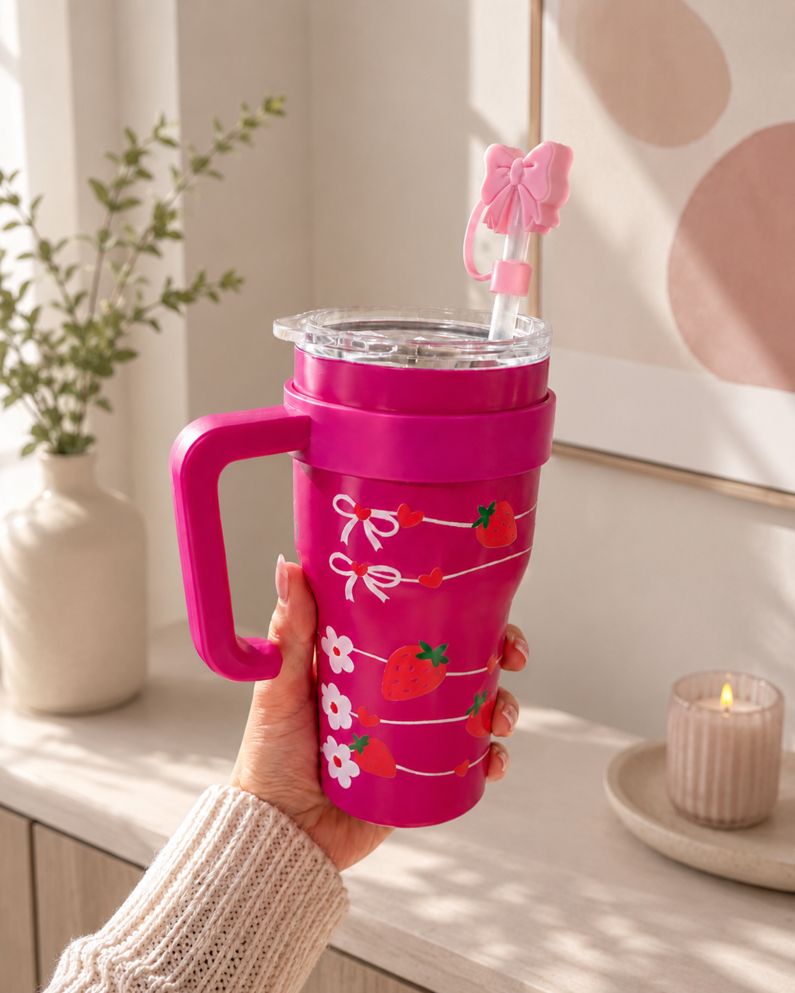 Gourde Tumbler Isotherme Rose – Fraises & Nœud