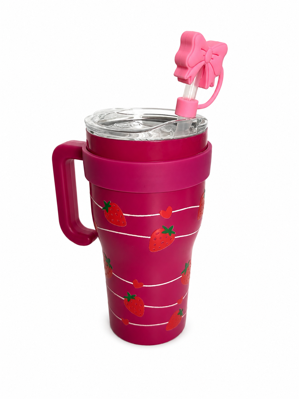 Gourde Tumbler Isotherme Rose – Fraises & Nœud