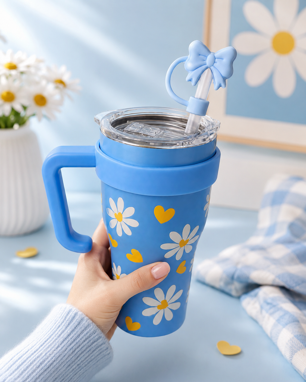 Gourde Tumbler Isotherme Bleue – Motif Marguerites