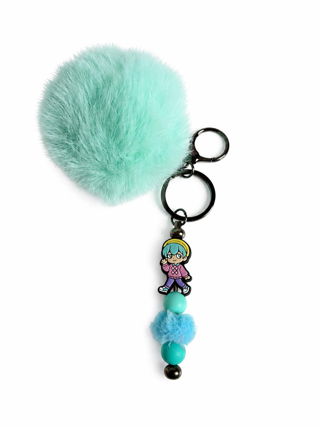 Porte-clés pompon turquoise avec figurine baby saja