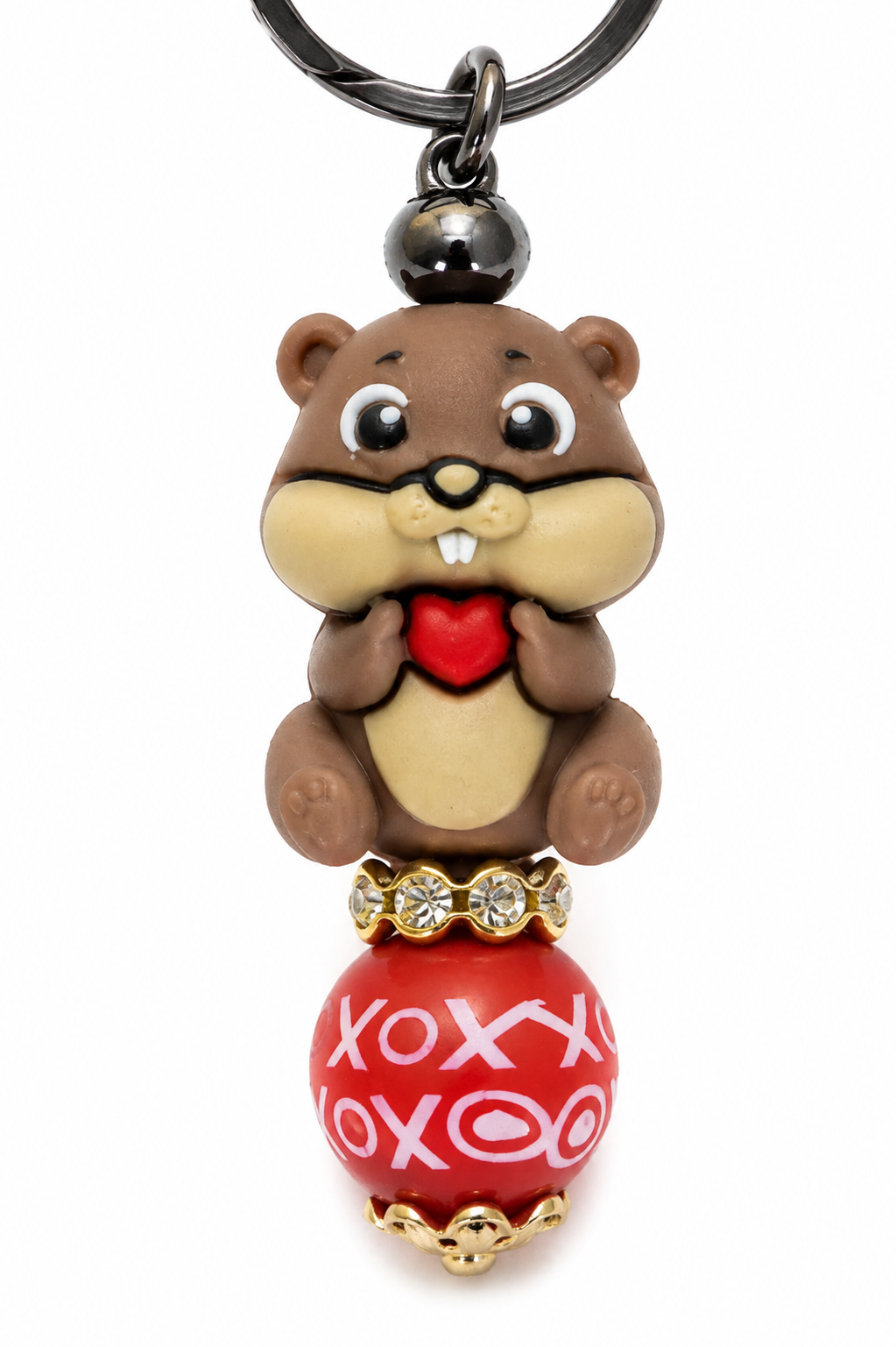 Porte-clés pompon beige avec hamster cœur