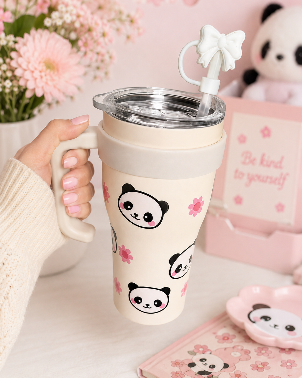 Gourde Tumbler Isotherme – Panda & Fleurs