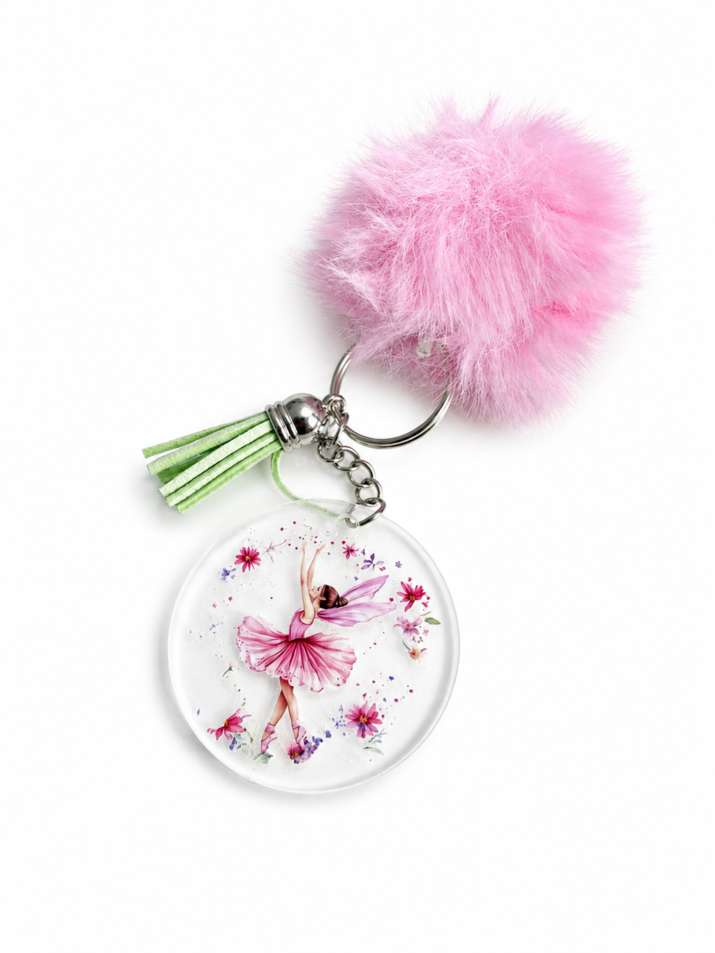 Porte-clés pompon rose avec fée danseuse