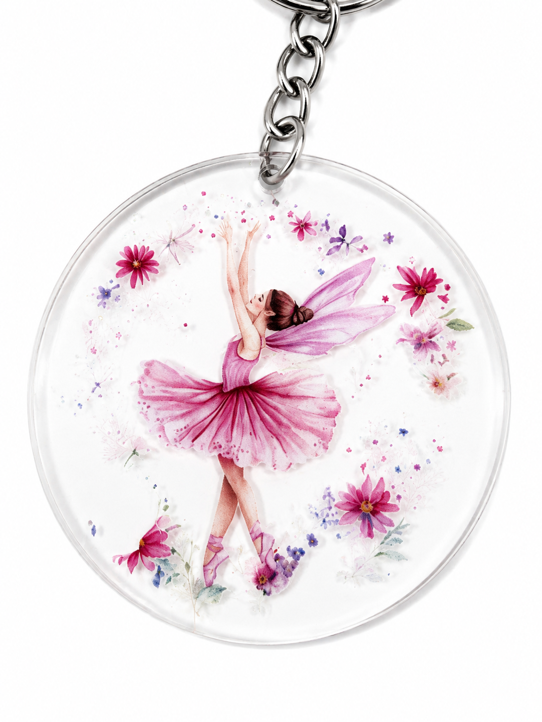 Porte-clés pompon rose avec fée danseuse