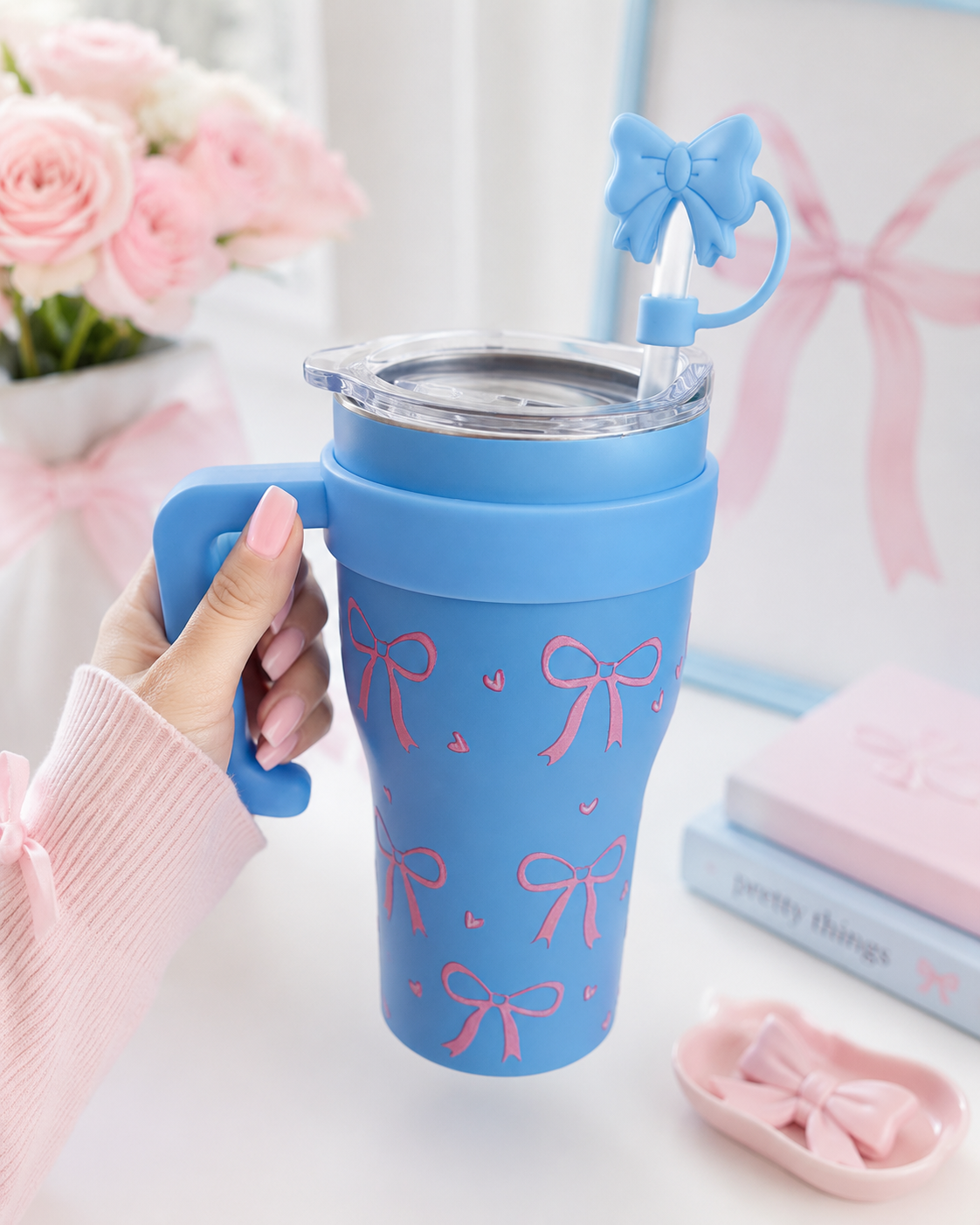 Gourde Tumbler Isotherme – Bleu & Nœuds Roses