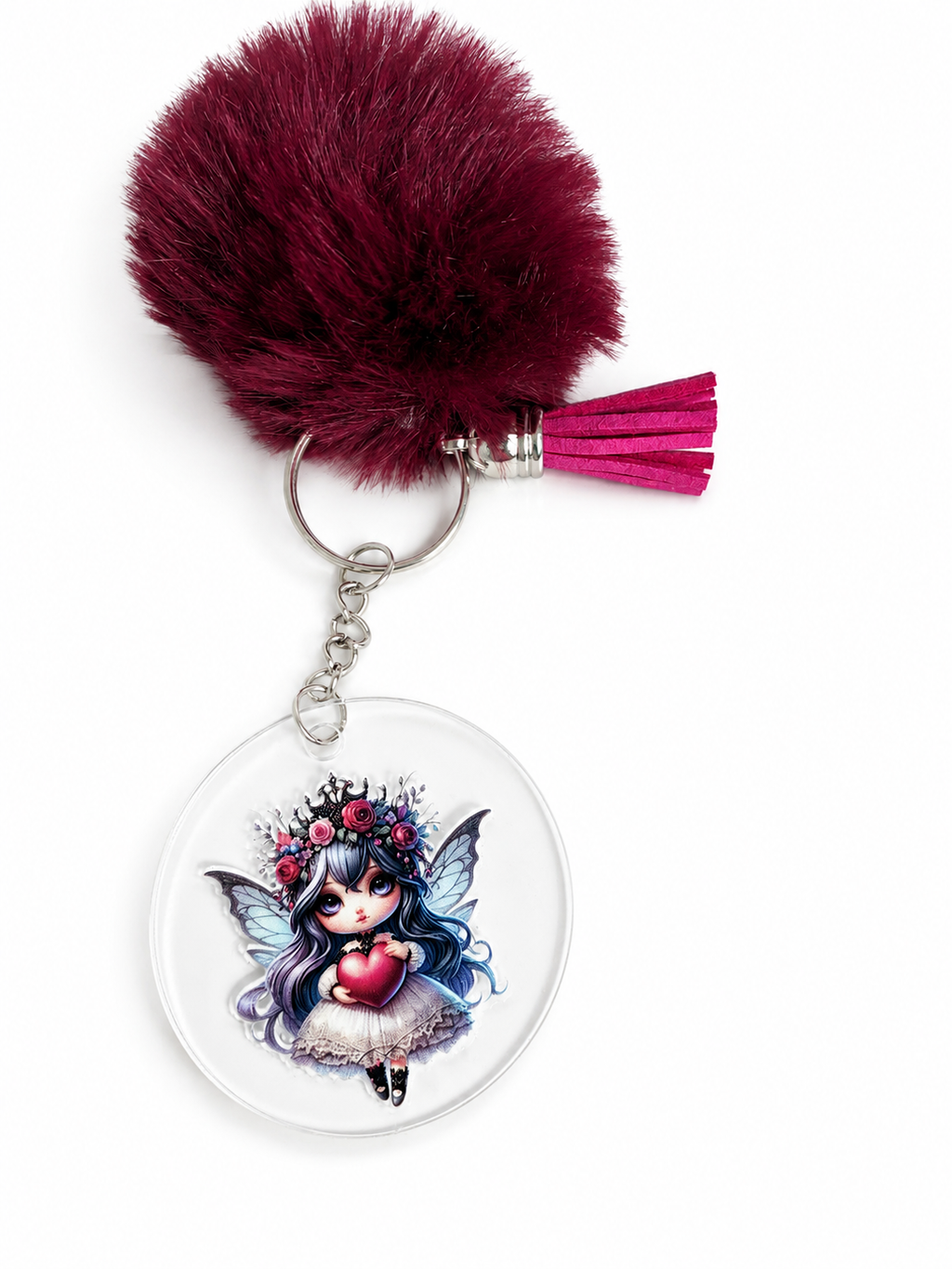 Porte-clés pompon bordeaux avec fée au cœur