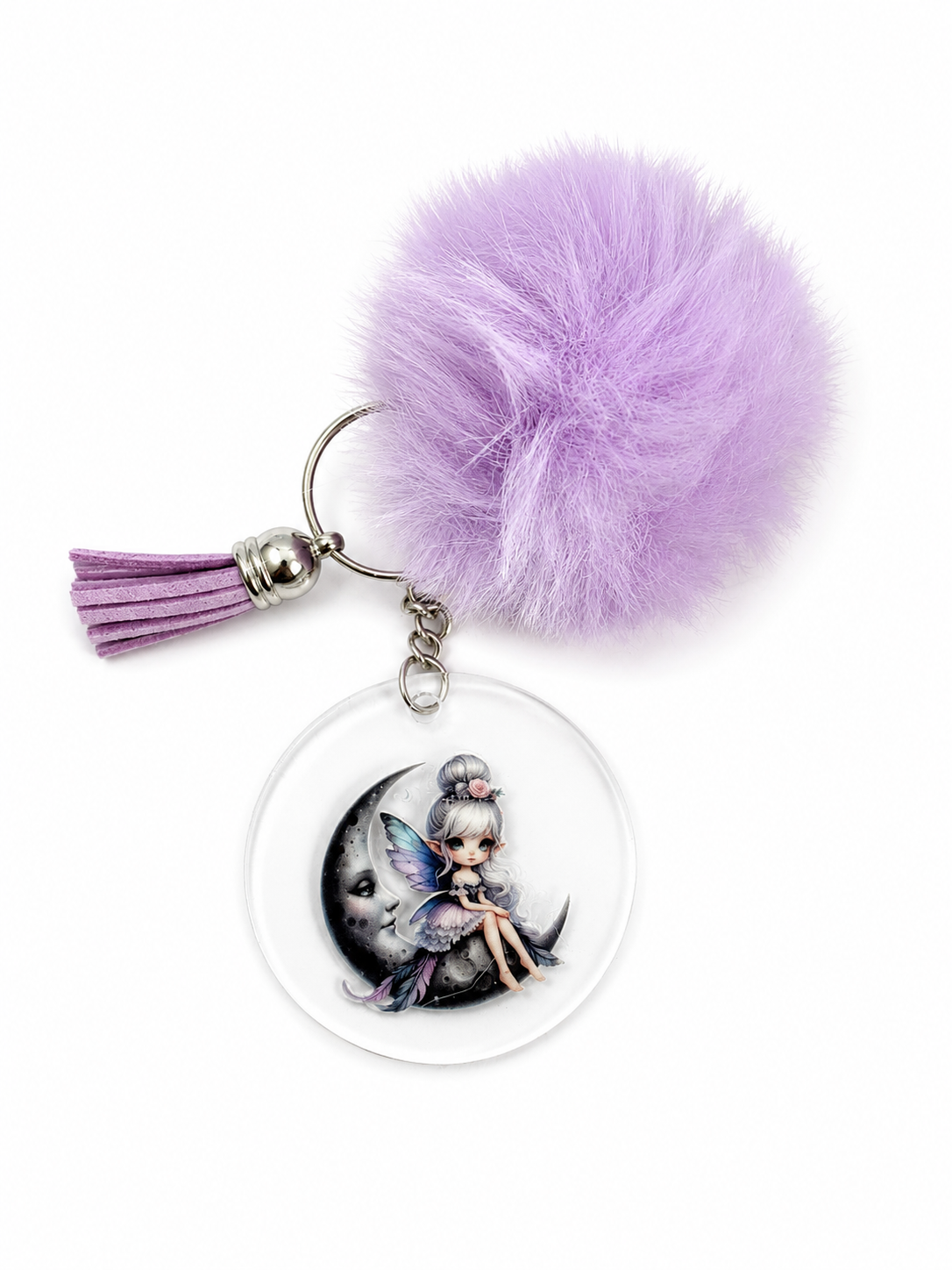 Porte-clés pompon lilas avec fée lunaire