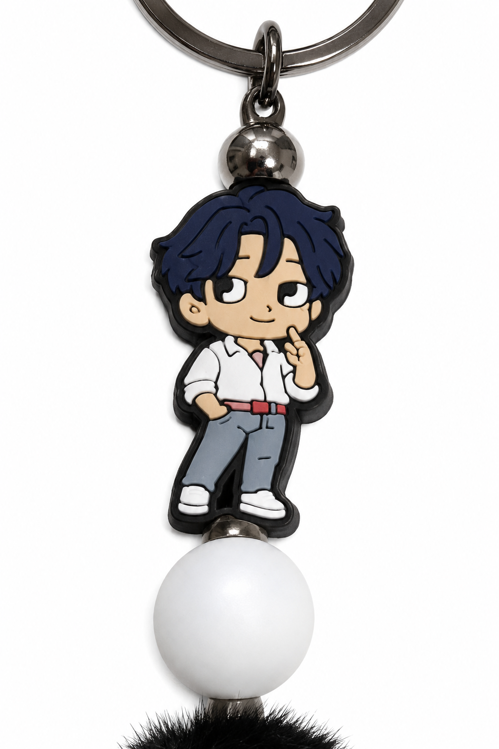 Porte-clés pompon bleu avec figurine jinu