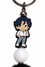 Porte-clés pompon bleu avec figurine jinu