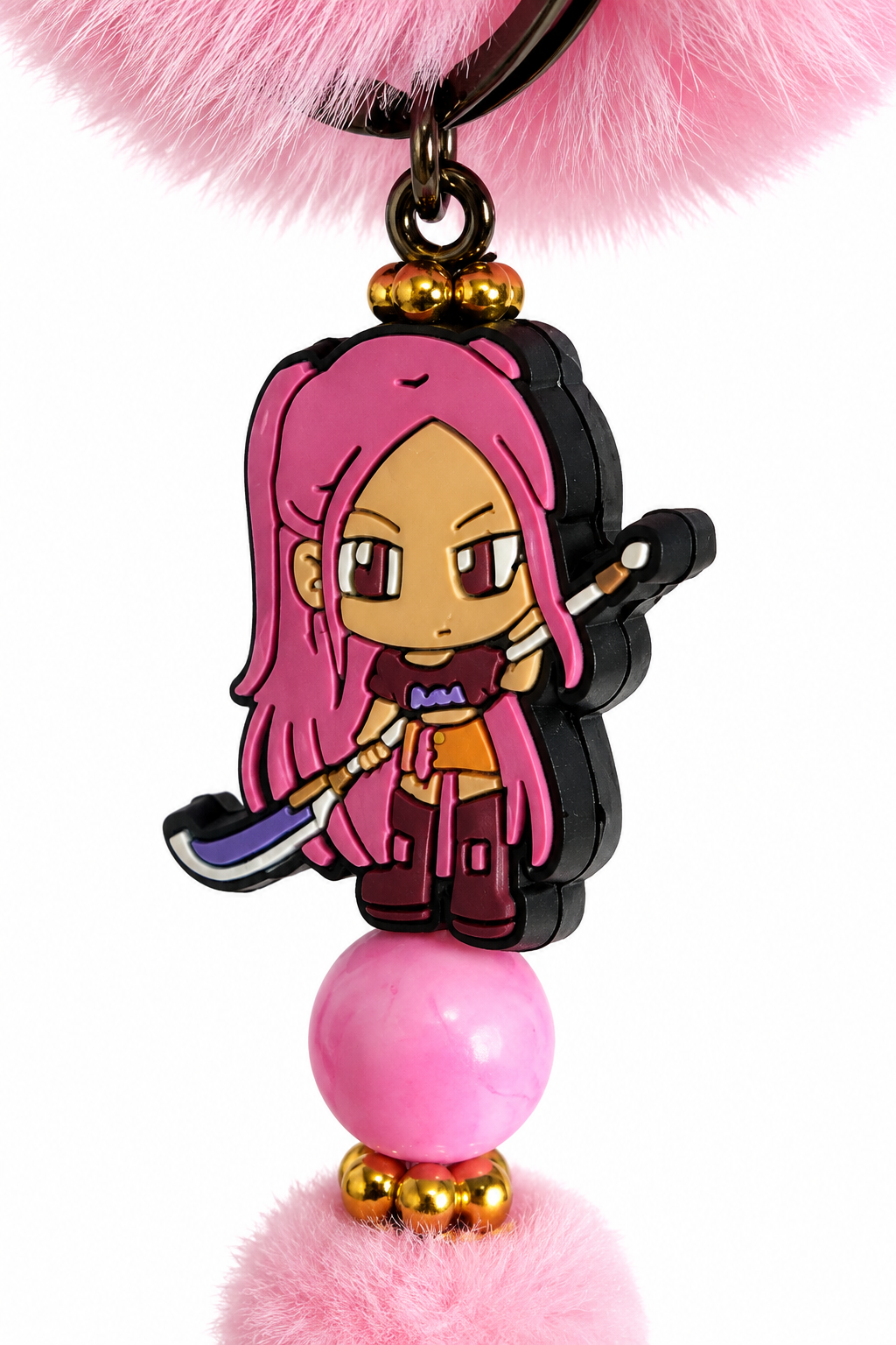 Porte-clés pompon rose avec figurine mira