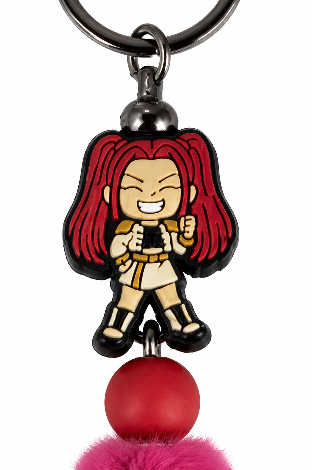 Porte-clés pompon rose framboise avec figurine mira