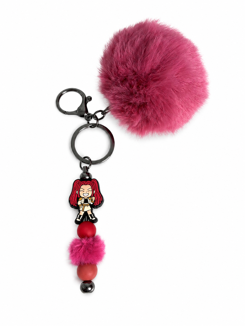 Porte-clés pompon rose framboise avec figurine mira