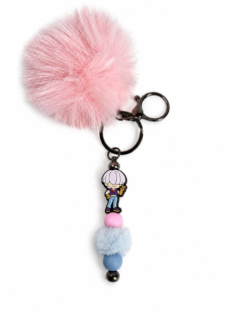 Porte-clés pompon rose et bleu avec figurine mystery saja