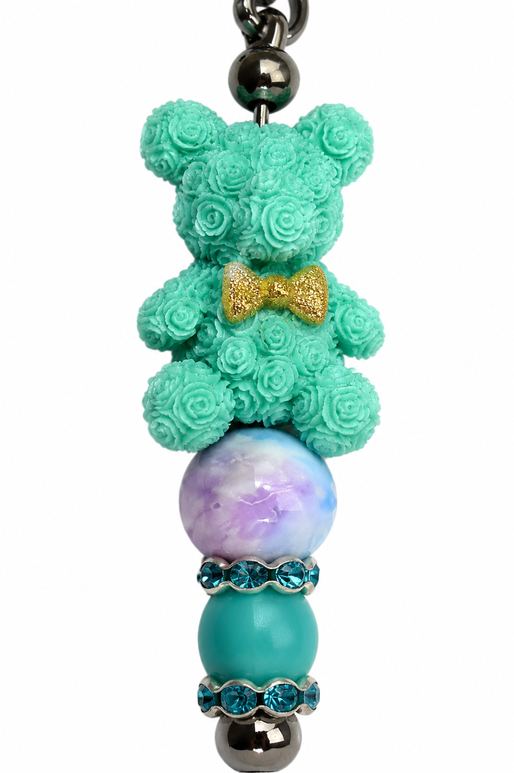 Porte-clés pompon turquoise avec ourson fleuri