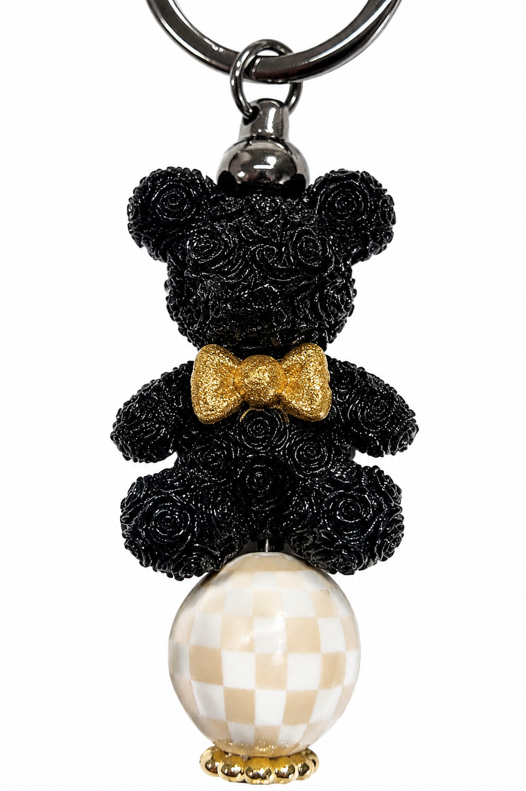 Porte-clés pompon noir avec ourson fleuri