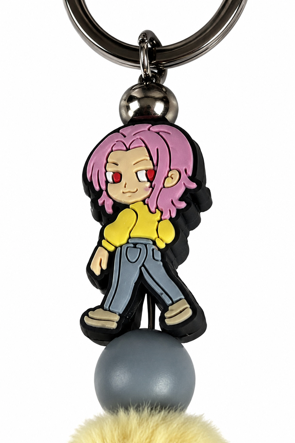 Porte-clés pompon gris avec figurine romance
