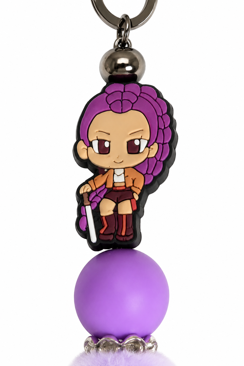 Porte-clés pompon violet avec figurine rumi