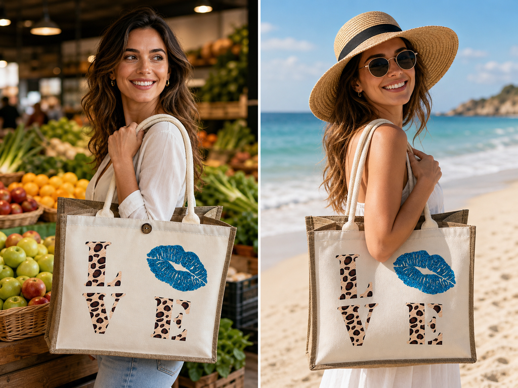 Sac love bleu en toile effet lin stratifié