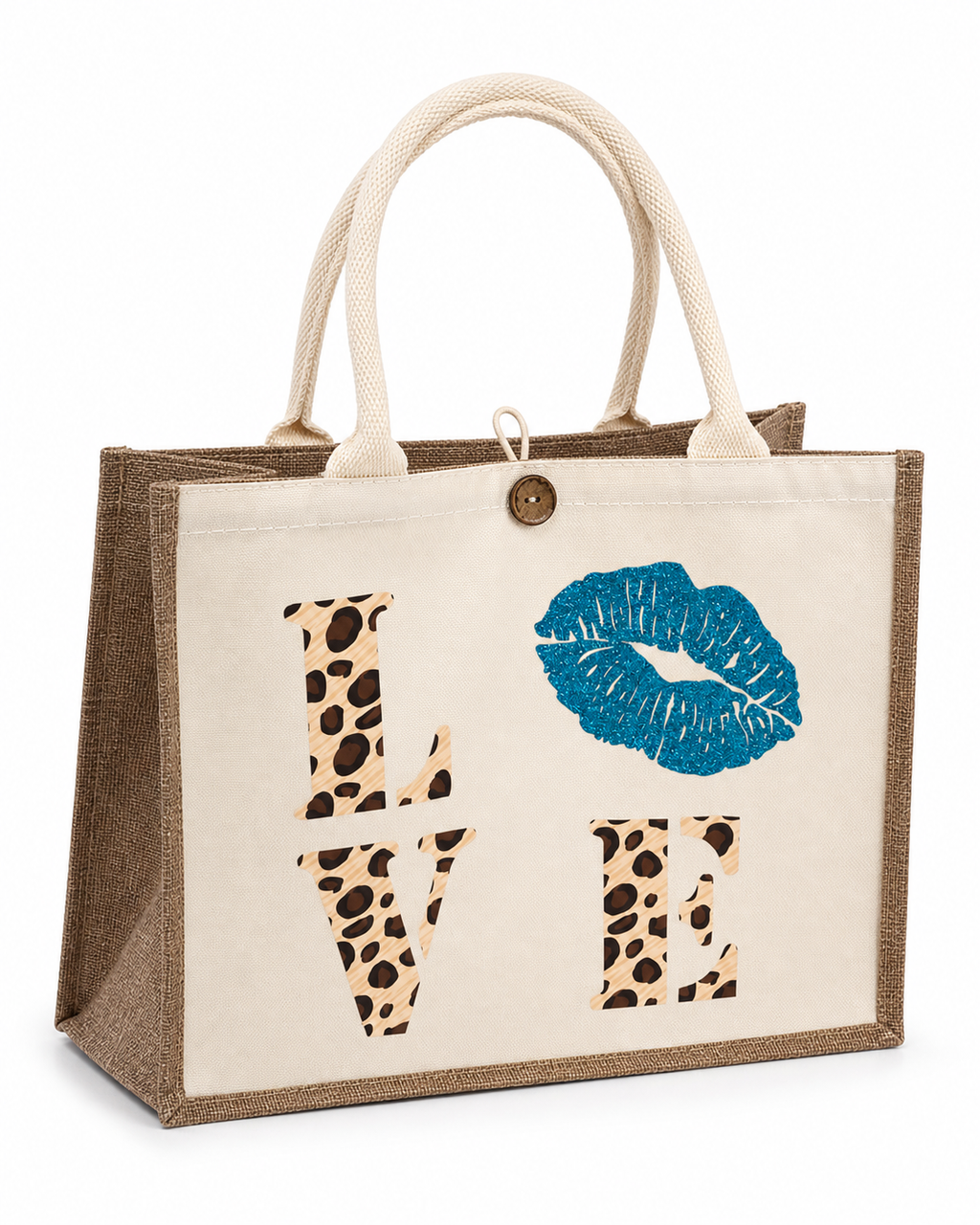 Sac love bleu en toile effet lin stratifié