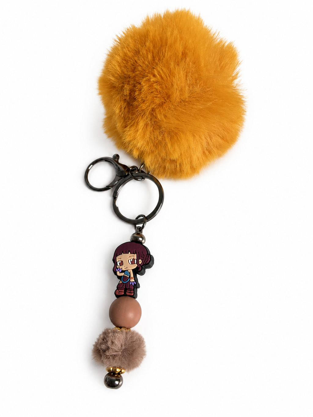 Porte-clés pompon jaune moutarde avec figurine zoé